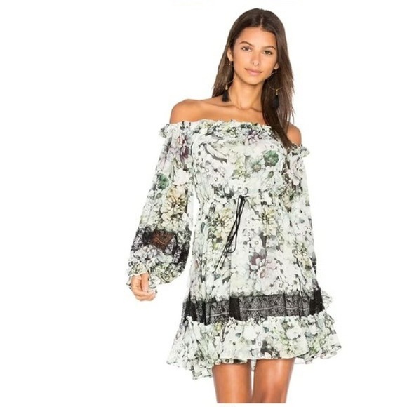 NICHOLAS Dresses & Skirts - NICHOLAS Silk Evergreen Floral Dress Off the Shoulder Bell Sleeves Whimsigoth
